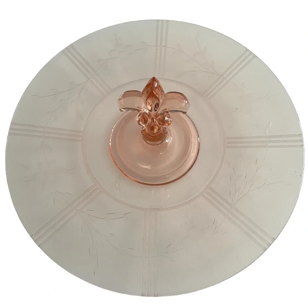 Vtg Pink Etched Depression Glass Serving Dish with Fleur-de-lis Handle